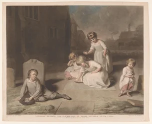 Kinder lesen die Inschrift auf dem Grabstein ihrer Mutter (Gruppen von Kindern)