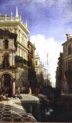 Ein Capriccio-Blick auf Venedig mit einer Prinzessin, die zur Gondel am Hintereingang der Scuola di San Marco geführt wird