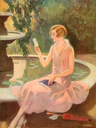 Junge Frau liest einen Liebesbrief an einem Brunnen, ca. 1925