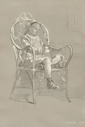 Kind sitzt in einem Korbstuhl, 1874