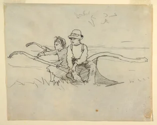 Zeichnung, Junge und Mädchen auf einem Pflug sitzend, 1879