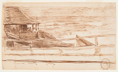 Haus an einem Geländer mit gestrandeten Dories, Cullercoats, England
