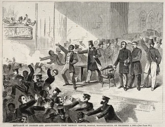 Vertreibung Schwarzer Menschen und von Abolitionisten aus dem Tremont Temple, Boston, Massachusetts..., 1860.