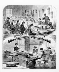 Patronen füllen im Arsenal in Watertown, Massachusetts, 1860er Jahre