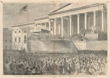 Die Amtseinführung von Abraham Lincoln als Präsident der Vereinigten Staaten, am Kapitol, Washington, 4. März 1861; aus Harper