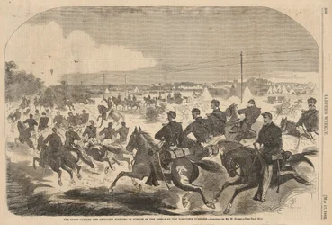 Die Union Kavallerie und Artillerie starten die Verfolgung der Rebellen auf der Yorktown Turnpike, aus Harper