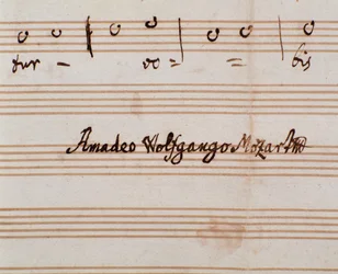 Detail der Unterschrift des Komponisten auf der Notenseite von Querite primum regnum Dei von Mozart zur Erlangung des Titels Accademico filarmonico (1770)