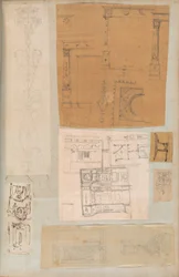 Seite aus einem Sammelalbum mit Zeichnungen und mehreren Architekturabdrücken, ca. 1800-1850