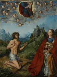 Doppelte Fürbitte: Christus und die Jungfrau bitten für die Menschheit vor Gott dem Vater