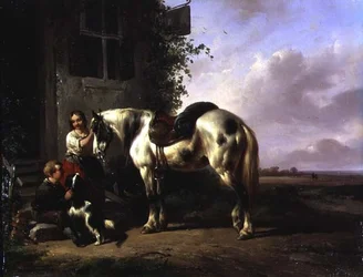 Außenansicht eines Gasthauses mit jungem Mädchen, Junge, Hund, Pferd