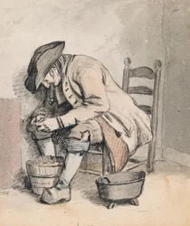 Ein sitzender Mann, der sich über einen Eimer beugt; Drei Frauen (schattenhaft) auf der Rückseite