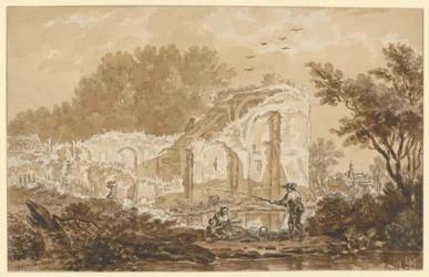 Angler mit Frau und Kind bei einer Ruine