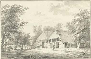 Landschaft mit Bauernhof und Frau mit Korb