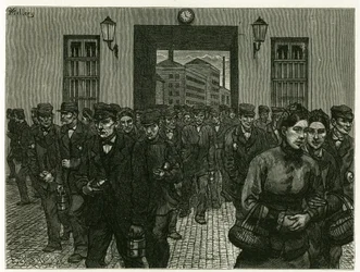 Ein Fabrikausgang in Gent. Gravur von X. Mellery zur Illustration der Geschichte Belgium