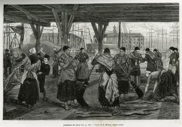 Desalation der Häute, durch Frauen, die die Überreste der Tiere unter den Strukturen der Hallen des Hafens von Antwerpen abkratzen. Gravur von X. Mellery, um die Geschichte von Belgien zu illustrieren, von Camille Lemonnier, veröffentlicht in Le tour du mo