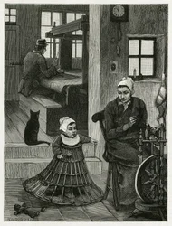 Innenraum der Wohnung und Werkstatt des Webers, mit dem Weber und dem Rad sowie einem Kind mit einem Weidenrock