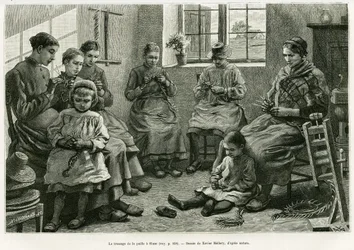 Das Flechten von Stroh in Sluze. Gravur von Xavier Mellery zur Illustration der Geschichte „Belgien“ von Camille Lemonnier, in Le Tour du monde 1886, herausgegeben von Edouard Charton (1807-1890), Hachette, Paris.