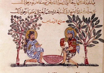 Die Herstellung von Blei. Seite aus „Maqamat“ (Seancen), Schelmenpoem des 11. Jahrhunderts von dem arabischen Dichter Abu Mohammed al-Kasim ibn Ali Hariri (oder Al-Hariri) (1054-1122) illustriert von Al-Wasiti