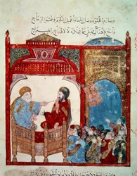 Der wandernde Navigator Abu-Zayd. Miniatur aus den „Maqamat“ (Seancen) von Abu Mohammed al-Kasim ibn Ali Hariri, illuminiert von Yahya Mahmud al-Wasiti im Jahr 1237, Paris, B.N.