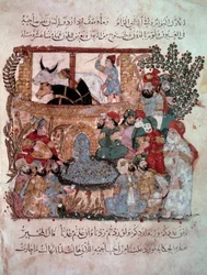 Der wandernde Navigator Abu-Zayd vor seinen Zuhörern aus den „Maqamat“ von Abu Mohammed al-Kasim ibn Ali Hariri, illuminiert von Yahya Mahmud al-Wasiti 1237