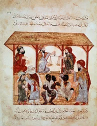 Sklavenmarsch in Zabid (Zebid), Jemen. Miniatur in „Les Seances. Al-Maqamat“ (Folio 105) illuminiert von Yahya ben Mahmud al-Wasiti und geschrieben von Hariri al-Basri, al-Qasim ibn Ali al (1054-1122)