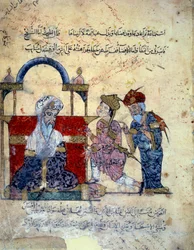 Der vagabundierende Navigator Abu-Zayd und seine Schwester beschuldigen sich vor einem Kadi. Miniatur aus den Maqamat (Seances) von Abu Mohammed al-Kasim ibn Ali Hariri (1054-1122) illuminiert von Yahya Mahmud al-Wasiti