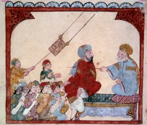Der vagabundierende Navigator Abu-Zayd. Miniatur aus den Maqamat (Seances) von Abu Mohammed al-Kasim ibn Ali Hariri (1054-1122) illuminiert von Yahya Mahmud al-Wasiti, 1237, Paris