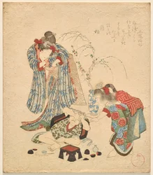 Zwei Mädchen mit ihrem kleinen Bruder, der das Sake-Set umgestoßen hat
