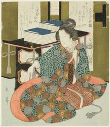 Eine Frau zieht an der Schnur eines rollbaren Bücherregals, aus der Serie "Ein Satz von sieben für den Katsushika-Club"