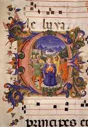 Das Martyrium des heiligen Stephanus, dargestellt in einem historierten Initial, der Rand beleuchtet von Filippo di Mateo Torelli, aus einem Chorbuch vor 1449