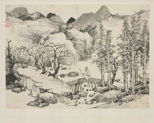 Landschaftsalbum in verschiedenen Stilen: Landschaft mit Künstler auf einer Brücke, 1684