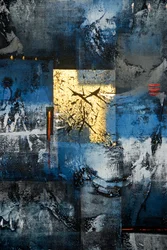 Abstrakte Kunst; Gemälde in den Farben Gold, Blau, Schwarz und Grau; Ubud; Bali; Indonesien; Südostasien; Asien