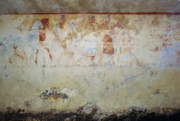 Begräbnisprozession mit Tänzern und Musikern, Fresko, Grab der Blauen Dämonen, Nekropole von Tarquinia (UNESCO-Welterbeliste, 2004), Latium, Italien, etruskische Zivilisation, 5. Jahrhundert v. Chr.