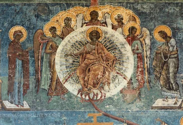 Kloster (Manastirea Voronet). Die Kirche. Außen. Wandmalereien. Westseite. Detail.