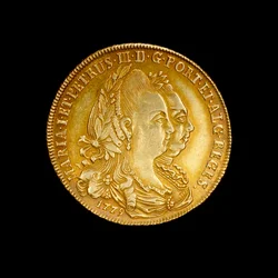 Portugiesische Münze mit Königin Maria I. und ihrem Königsgemahl Pedro III.