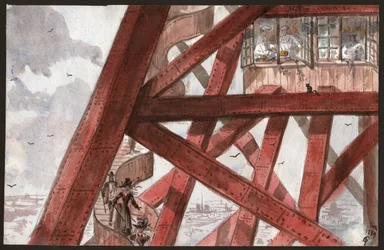 Touristen auf den Treppen des Eiffelturms, Paris. Köche kochen im Restaurant im ersten Stock. 1889 (Illustration)