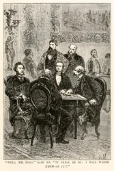 Nun, Mr. Fogg, sagte er, es soll so sein: Ich werde 4000 Pfund darauf wetten!!, aus In 80 Tagen um die Welt von Jules Verne, graviert von Louis Dumont, 1873