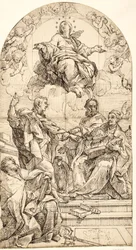 Die Unbefleckte Empfängnis mit den Heiligen Johannes dem Evangelisten, Gregor dem Großen, Johannes Chrysostomus und Augustinus