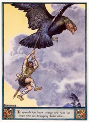 Es breitete seine dunklen Flügel aus und erhob sich in die Luft, Loki hinter sich herziehend