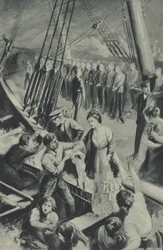 Die Männer der Birkenhead stehen stramm, während das Schiff in den Gewässern untergeht