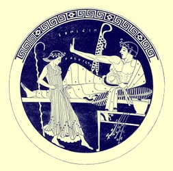 Tanzendes Mädchen und feiernder Jüngling, Illustration aus Griechische Vasenmalereien von J. E. Harrison und D. S. MacColl, veröffentlicht 1894