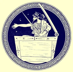 Thoas in der Truhe, Illustration aus Griechische Vasenmalereien von J. E. Harrison und D. S. MacColl, veröffentlicht 1894