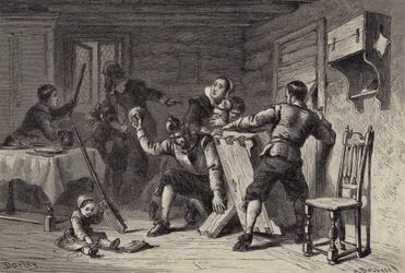Puritaner verbarrikadieren ihr Haus gegen Indianer