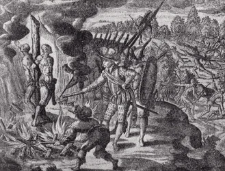 Die Rache der Spanier für den Tod von Ayolas, aus Gottfrieds Historia Antipodum, veröffentlicht 1655, aus Die Romanze des Rio de la Plata, Bd. I, von W. H. Koebel, 1914