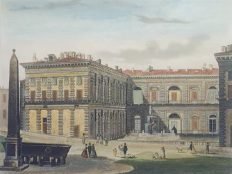 Innenhof des Palazzo Pitti, Florenz, graviert von Johann Falkeisen (1804-83) und koloriert von L. Cherbuin, ca. 1842