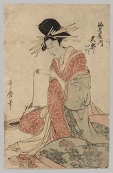 Frau aus Yoshiwara liest eine Schriftrolle