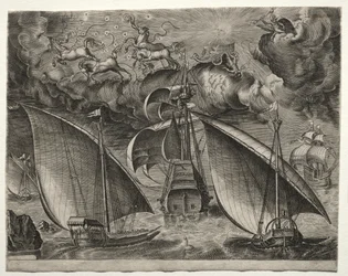 Segelschiffe: Zwei Galeeren segeln hinter einem bewaffneten Dreimaster mit Phaeton und Jupiter am Himmel
