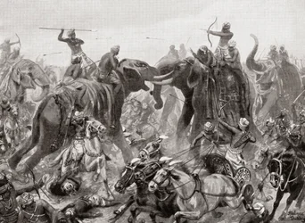 Die Niederlage von Pulakeshin Chalukhya durch Narasimhavarman I. in Badami im Jahr 642 n. Chr., aus Hutchinsons Geschichte der Nationen, veröffentlicht 1915