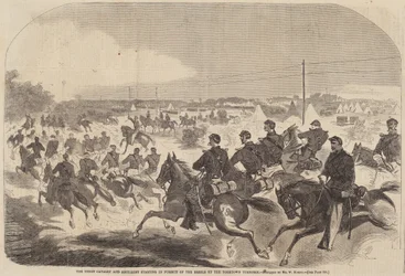 Die Union-Kavallerie und Artillerie beginnt die Verfolgung der Rebellen auf dem Yorktown-Turnpike