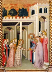 Jungfrau Maria mit St. Joachim und St. Anna, Detail des Altars mit Geschichten der Jungfrau